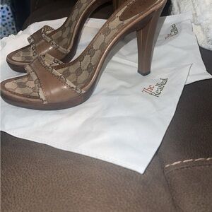 Gucci Tan Monogram Open-Toe Heels